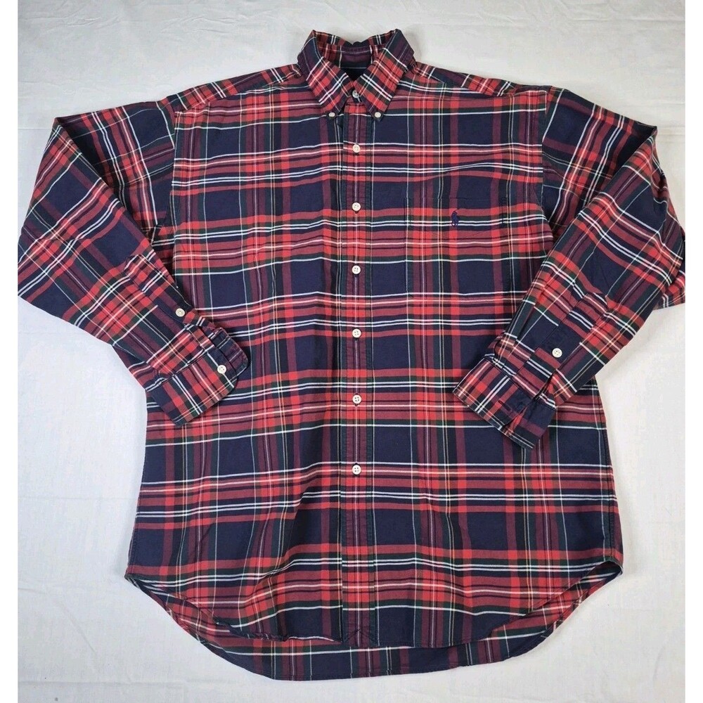 Ralph Lauren Big Shirt Mens Medium Red Blue Tartan Plaid Pony Oversized Baggy